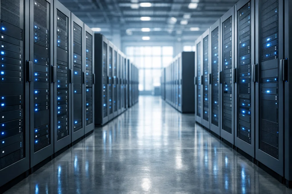 Cybersecurity Datacenter with rows of server cabinets.