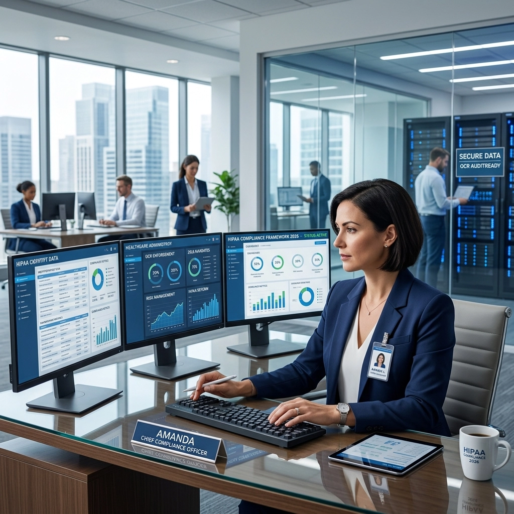 Woman behind a desk with hipaa compliance dashboards on three screens in front of her. Data cente rin the back ground.