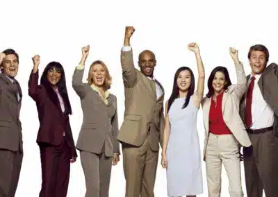 7 people with armed raised to celebrate success