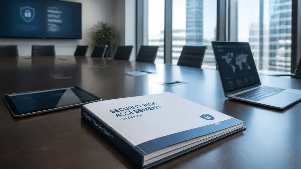 A professional corporate boardroom table with a document labeled Security Risk Assessment, symbolizing strategic business planning.