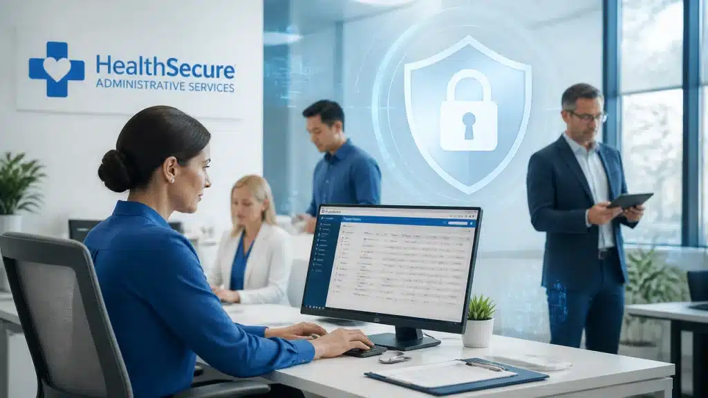 Healthcare cybersecurity administrative office with security badge