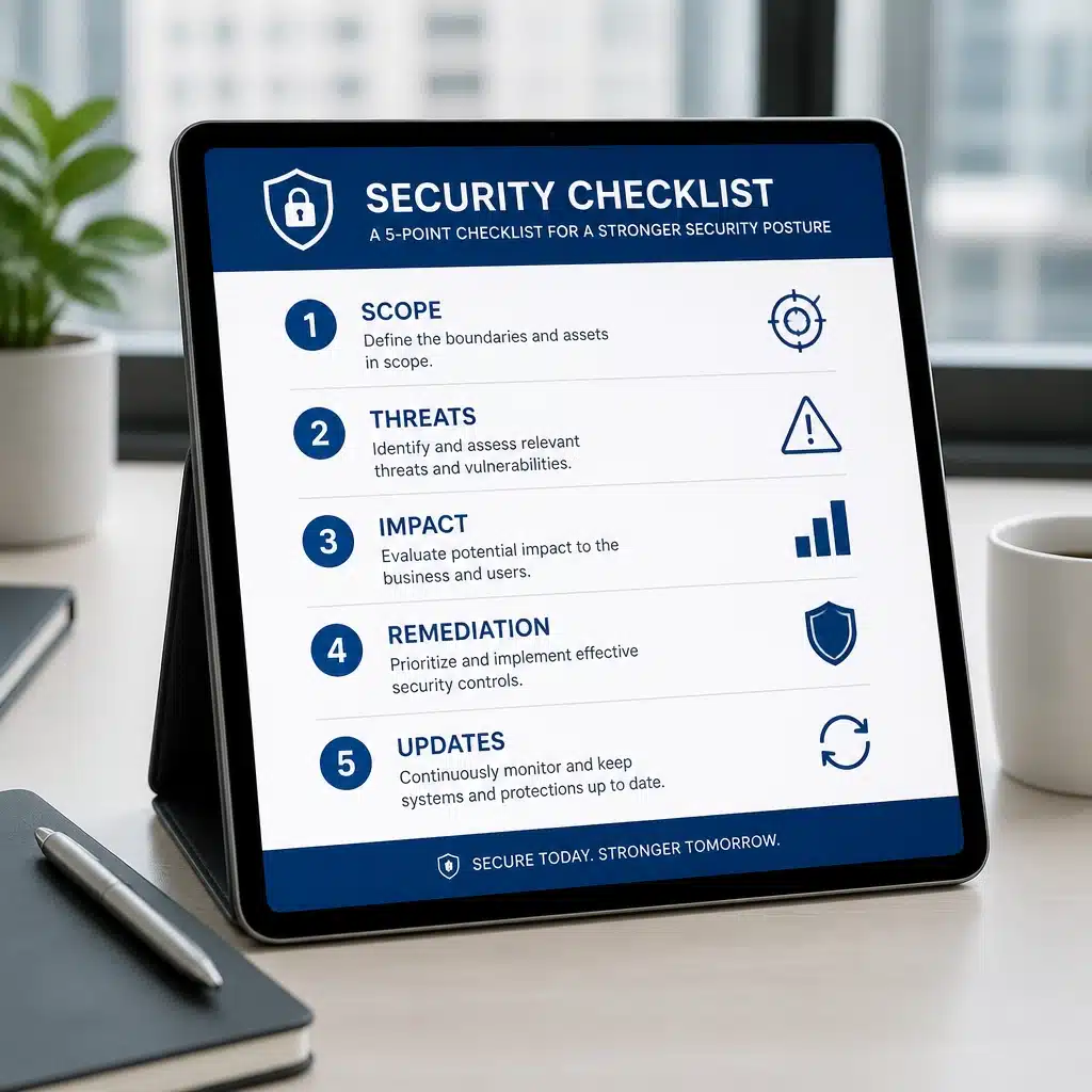 security checklist, scope, threats, impact, remediation, updates