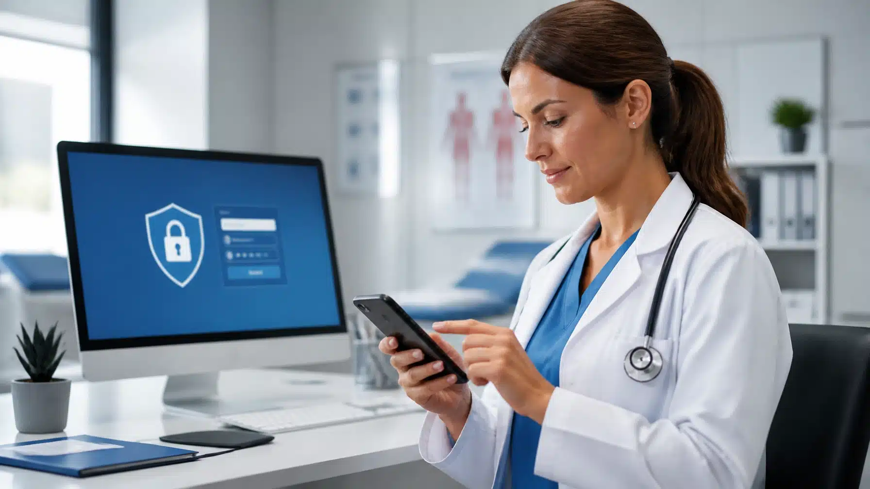 Healthcare professional getting quick IT support on her phone and computer