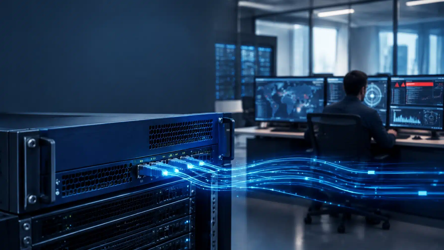 Network server racks with data flowing through monitored connections