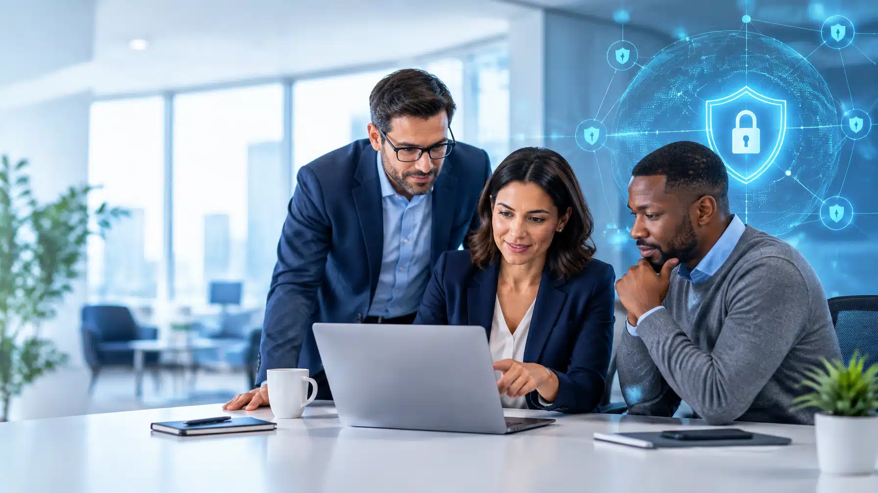 Internal IT staff and a Cenova engineer working together on a laptop