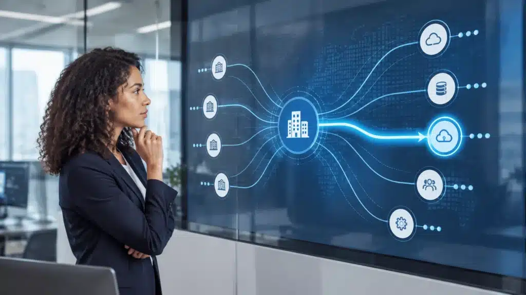 Security analyst reviewing a network vulnerability map on a large display