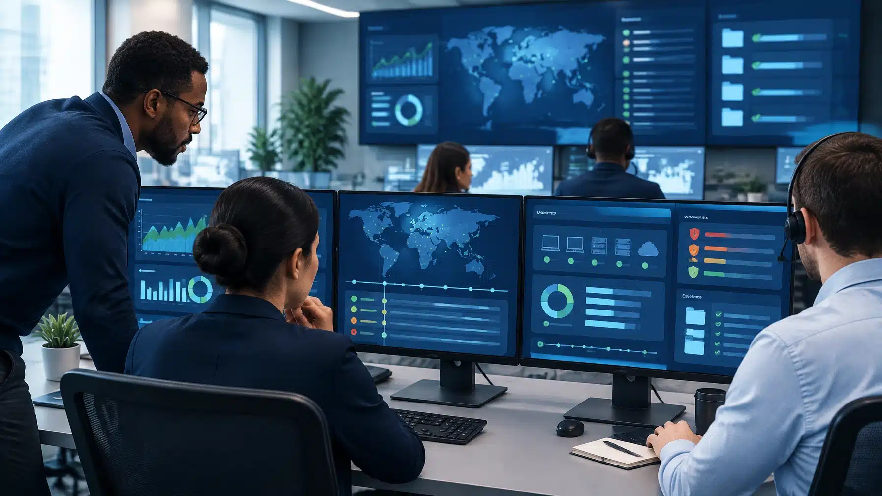 Cenova Cyber engineers monitoring client systems on multiple screens