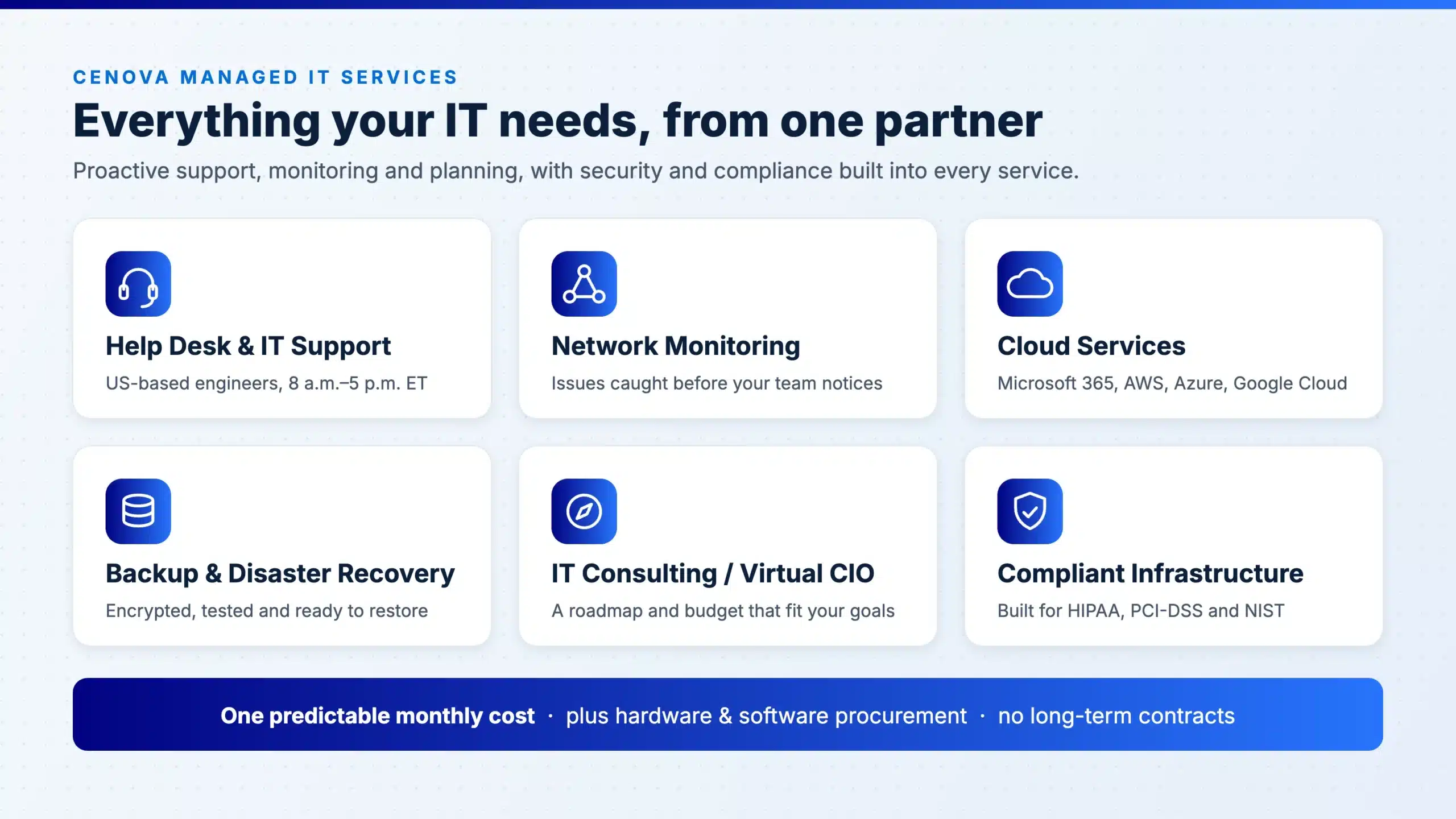 Cenova managed IT services: help desk and IT support, network monitoring, cloud services, backup and disaster recovery, IT consulting and virtual CIO, and compliant infrastructure, for one predictable monthly cost