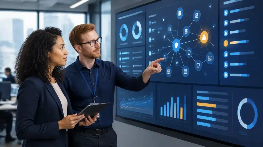 Cenova Cyber vCISO reviewing a security strategy dashboard with a business leader
